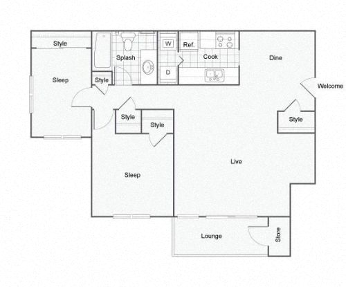 Floor plan for 2 beds, 1 bath, 881 sqft